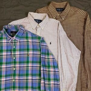 Lot of 3 Ralph Lauren Mens XXL Classic Fit Button Down Shirt Brown White Blue